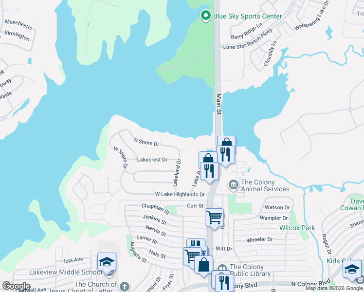 map of restaurants, bars, coffee shops, grocery stores, and more near 4577 North Shore Drive in The Colony