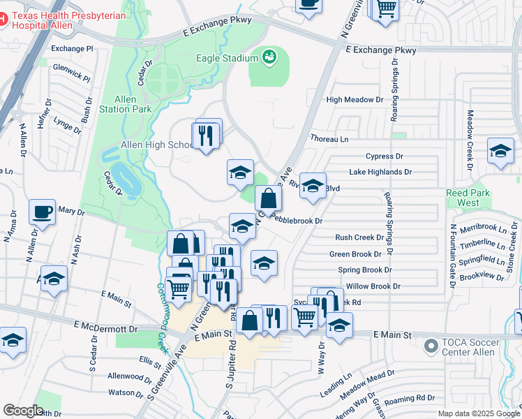 map of restaurants, bars, coffee shops, grocery stores, and more near 395 North Greenville Avenue in Allen