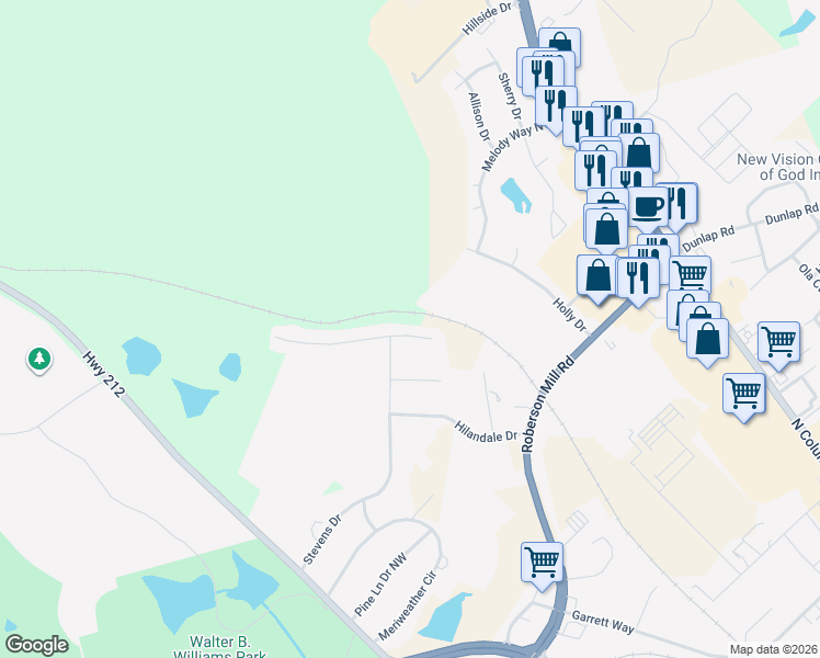 map of restaurants, bars, coffee shops, grocery stores, and more near 111 Old Mill Court in Milledgeville