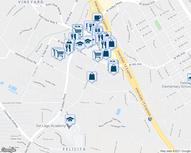 map of restaurants, bars, coffee shops, grocery stores, and more near 1436 Mosaic Glen in Escondido