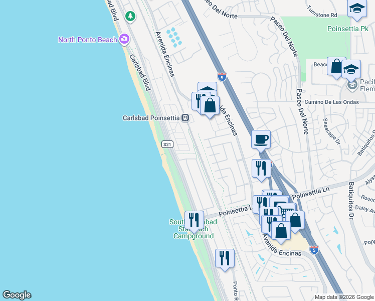 map of restaurants, bars, coffee shops, grocery stores, and more near 6963 Tradewinds Drive in Carlsbad