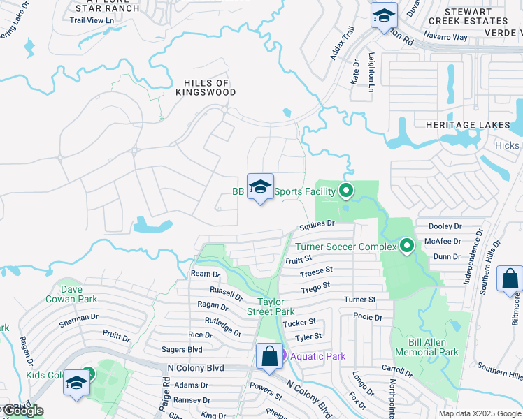 map of restaurants, bars, coffee shops, grocery stores, and more near 5640 Squires Drive in The Colony