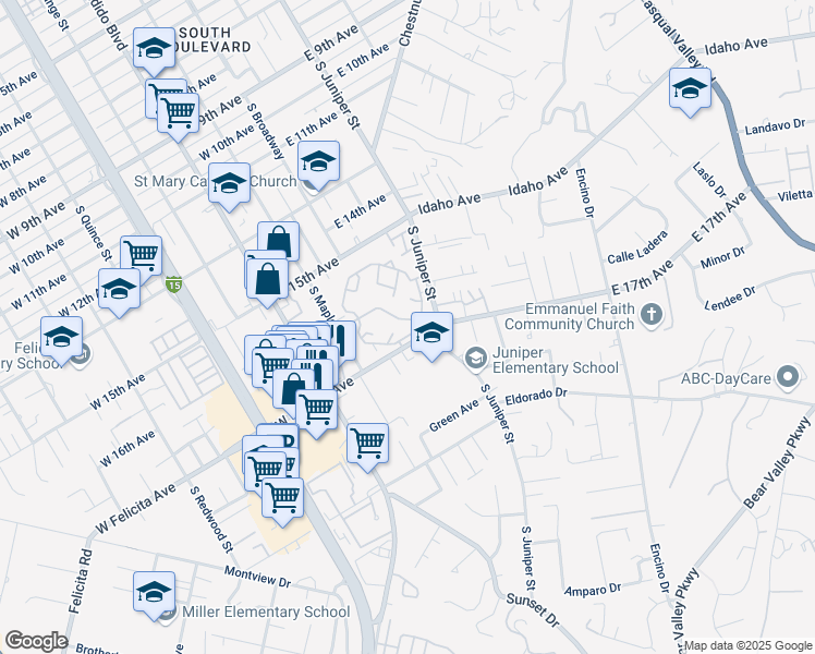 map of restaurants, bars, coffee shops, grocery stores, and more near 135 East Felicita Avenue in Escondido