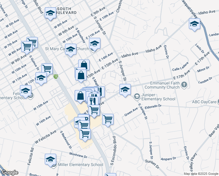 map of restaurants, bars, coffee shops, grocery stores, and more near 1200-2 South Escondido Boulevard in Escondido