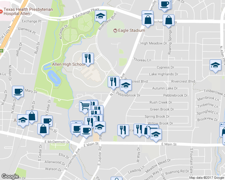 map of restaurants, bars, coffee shops, grocery stores, and more near 401 North Greenville Avenue in Allen
