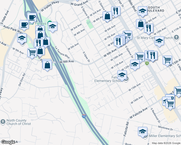 map of restaurants, bars, coffee shops, grocery stores, and more near 1001 Ontario Street in Escondido