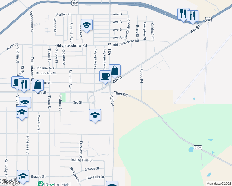 map of restaurants, bars, coffee shops, grocery stores, and more near Finis Road in Graham