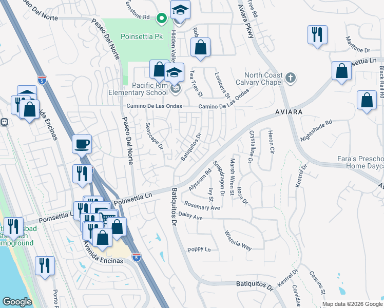 map of restaurants, bars, coffee shops, grocery stores, and more near 933 Laurelwood Street in Carlsbad