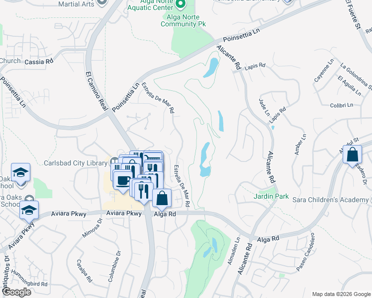 map of restaurants, bars, coffee shops, grocery stores, and more near 6852 Estrella De Mar Road in Carlsbad