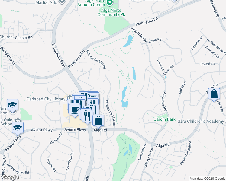 map of restaurants, bars, coffee shops, grocery stores, and more near 6852 Estrella De Mar Road in Carlsbad