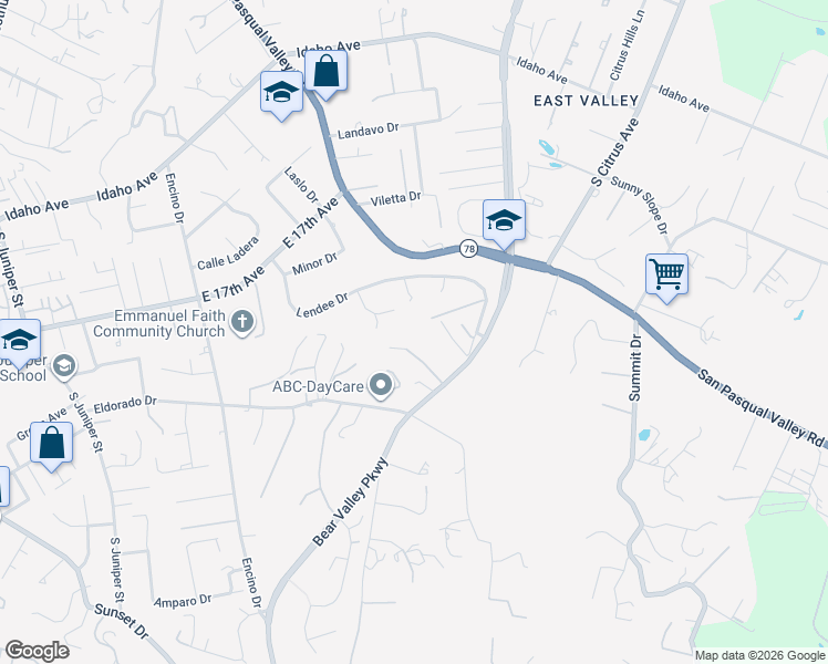 map of restaurants, bars, coffee shops, grocery stores, and more near 1912 Bear Valley Oaks Road in Escondido