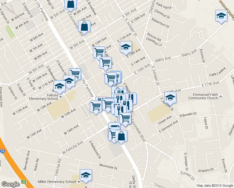 map of restaurants, bars, coffee shops, grocery stores, and more near 1593 South Escondido Boulevard in Escondido