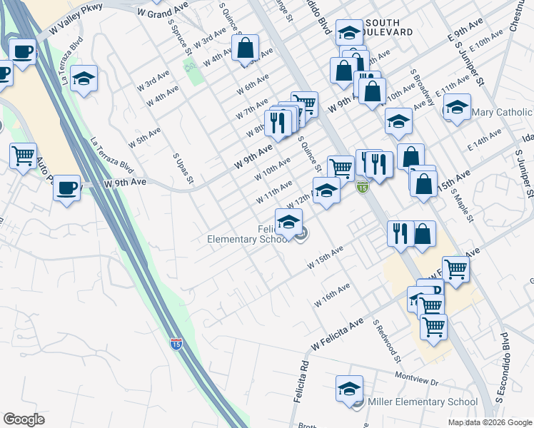 map of restaurants, bars, coffee shops, grocery stores, and more near 1141 South Tulip Street in Escondido