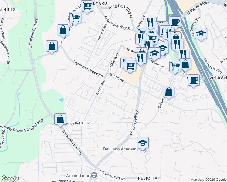 map of restaurants, bars, coffee shops, grocery stores, and more near 1874 Guilder Glen in Escondido