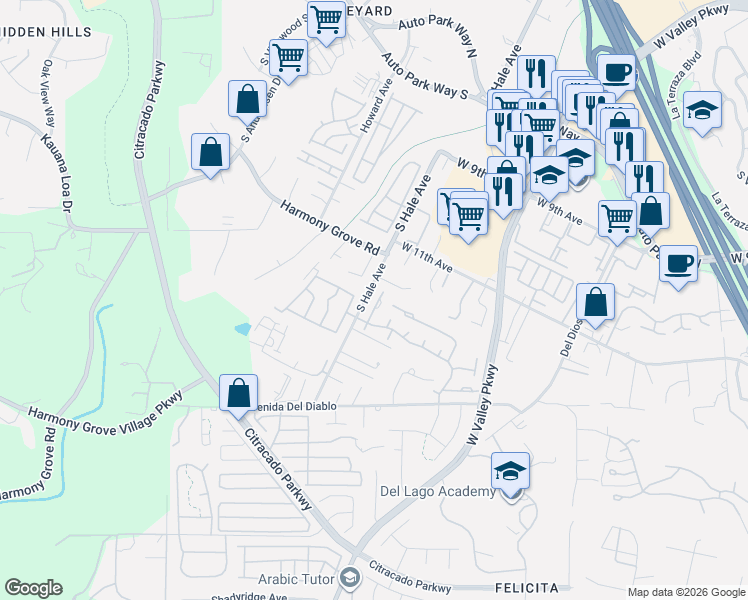 map of restaurants, bars, coffee shops, grocery stores, and more near 1232 Lancer Glen in Escondido