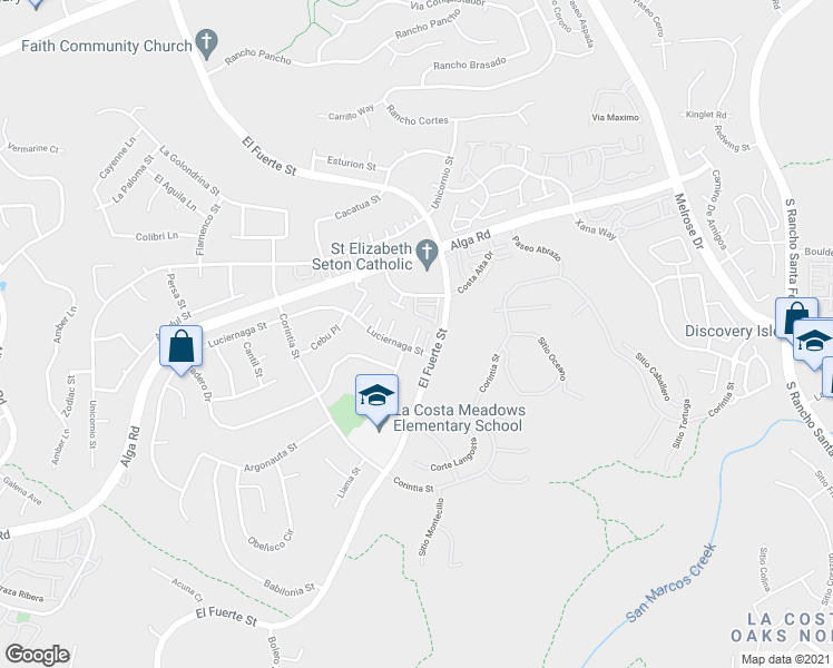 map of restaurants, bars, coffee shops, grocery stores, and more near 2982 Luciernaga Street in Carlsbad