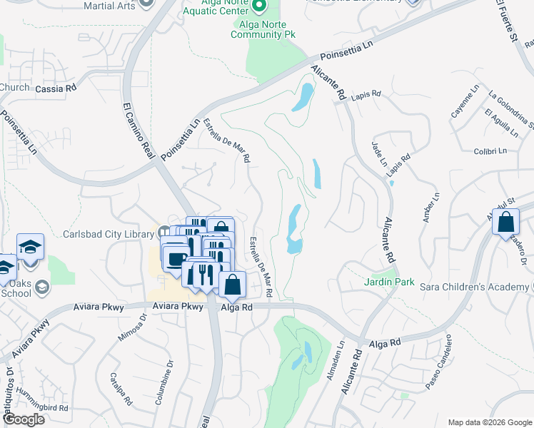 map of restaurants, bars, coffee shops, grocery stores, and more near 6852 Estrella De Mar Road in Carlsbad