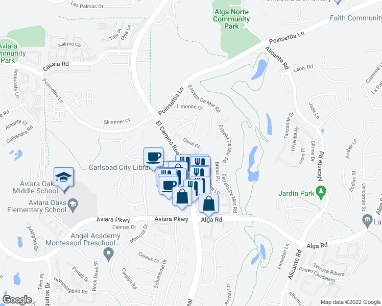 map of restaurants, bars, coffee shops, grocery stores, and more near 6919 Quail Place in Carlsbad