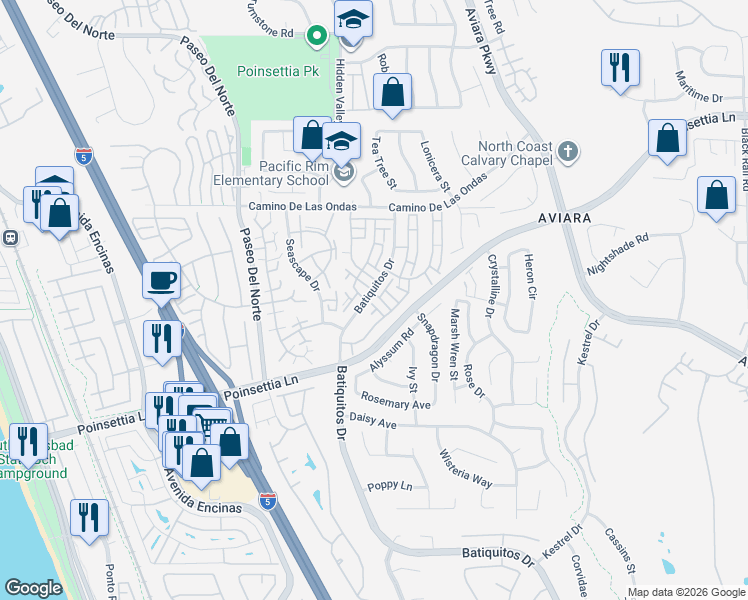 map of restaurants, bars, coffee shops, grocery stores, and more near 951 Laurelwood Street in Carlsbad