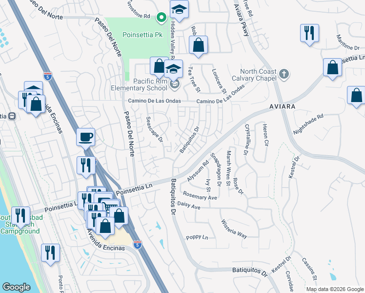 map of restaurants, bars, coffee shops, grocery stores, and more near 6957 Batiquitos Drive in Carlsbad
