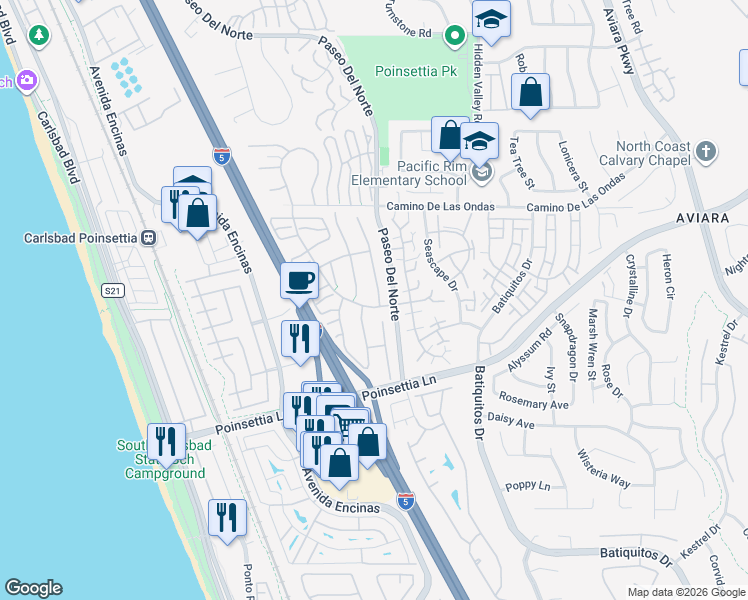 map of restaurants, bars, coffee shops, grocery stores, and more near 6910 Sand Castle Drive in Carlsbad