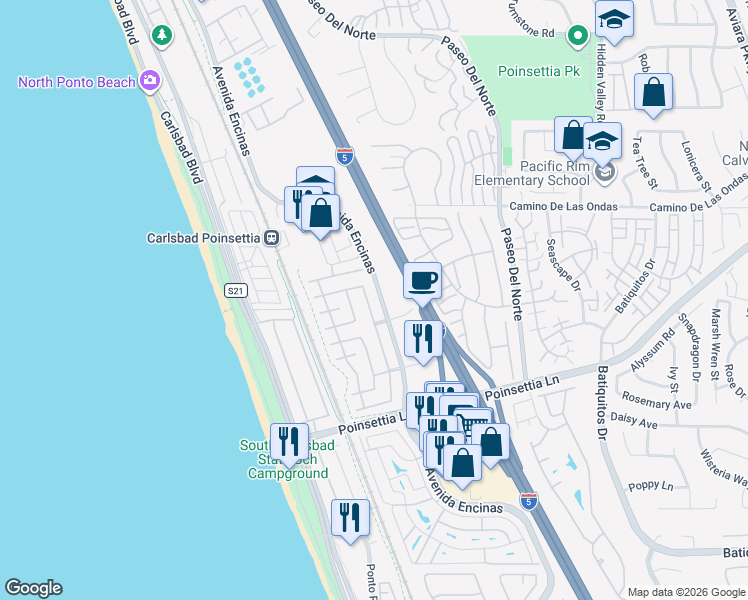 map of restaurants, bars, coffee shops, grocery stores, and more near 6926 Waters End Drive in Carlsbad