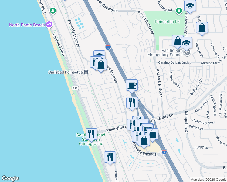 map of restaurants, bars, coffee shops, grocery stores, and more near 6926 Waters End Drive in Carlsbad