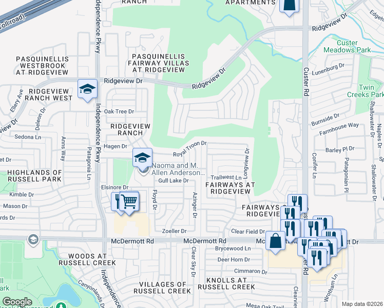map of restaurants, bars, coffee shops, grocery stores, and more near 9324 Rattle Run Drive in Plano