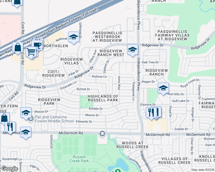 map of restaurants, bars, coffee shops, grocery stores, and more near 9409 Braxton Lane in Plano