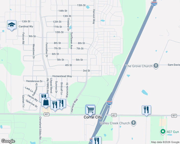 map of restaurants, bars, coffee shops, grocery stores, and more near 1104 Homestead Way in Argyle