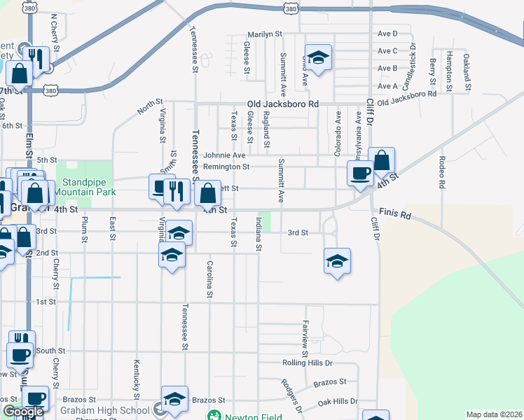 map of restaurants, bars, coffee shops, grocery stores, and more near 1314 4th Street in Graham
