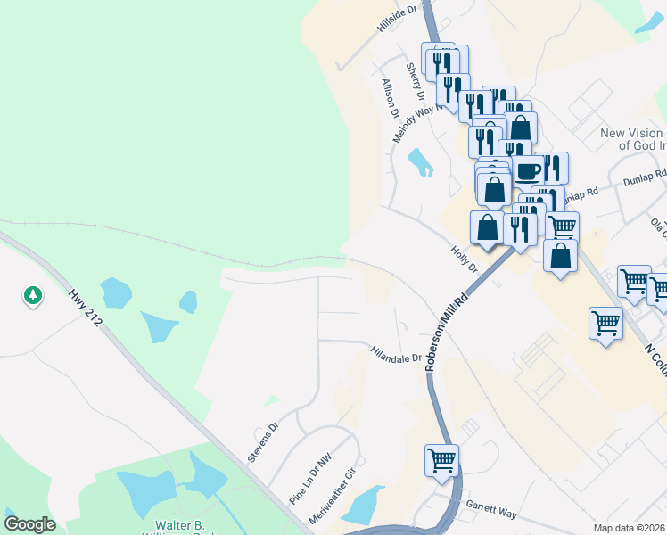 map of restaurants, bars, coffee shops, grocery stores, and more near 111 Old Mill Court in Milledgeville