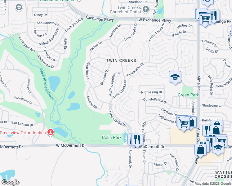 map of restaurants, bars, coffee shops, grocery stores, and more near 508 Twin Creeks Drive in Allen