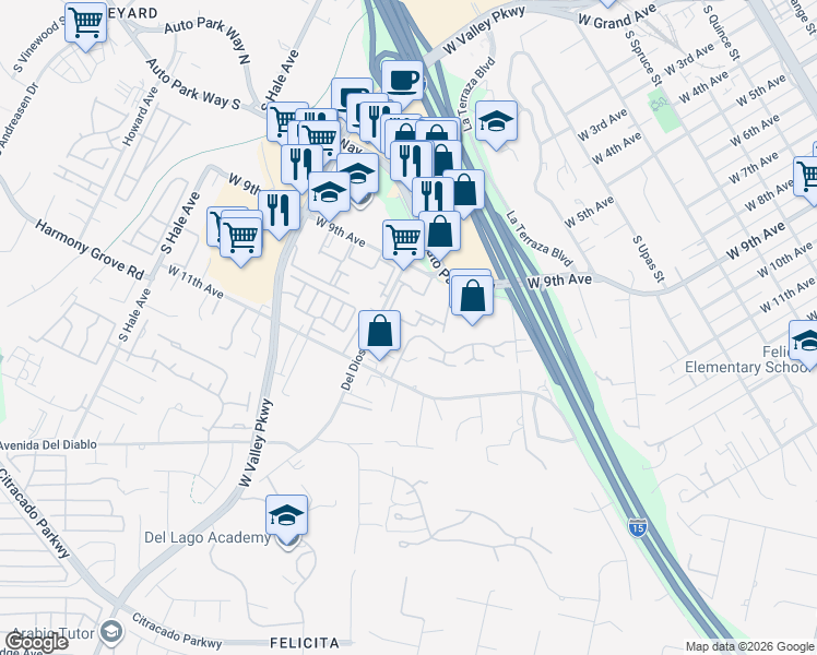 map of restaurants, bars, coffee shops, grocery stores, and more near 1006 Del Dios Road in Escondido