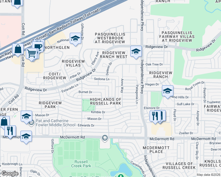 map of restaurants, bars, coffee shops, grocery stores, and more near 9409 Braxton Lane in Plano