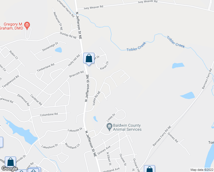 map of restaurants, bars, coffee shops, grocery stores, and more near 1634 Valley Circle Northeast in Milledgeville