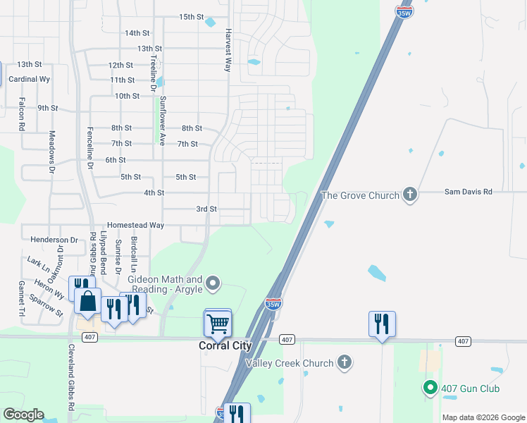 map of restaurants, bars, coffee shops, grocery stores, and more near Praire Mound Road in Argyle