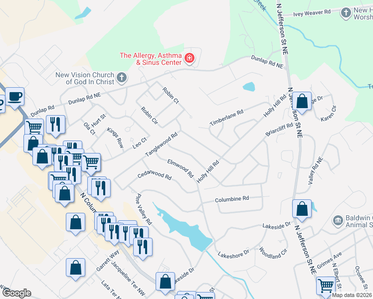 map of restaurants, bars, coffee shops, grocery stores, and more near 1732 Cardinal Road in Milledgeville