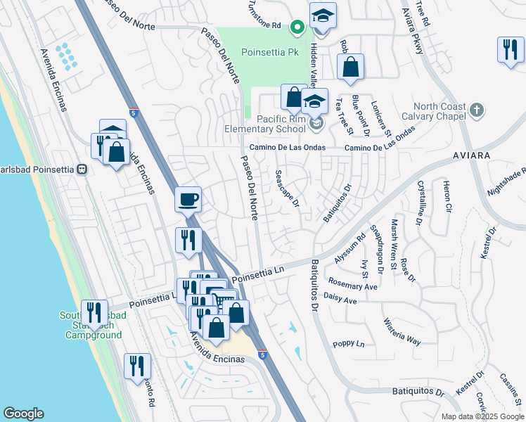 map of restaurants, bars, coffee shops, grocery stores, and more near 6895 Carnation Drive in Carlsbad