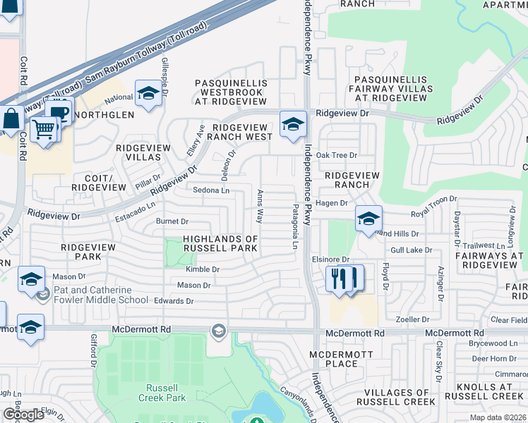 map of restaurants, bars, coffee shops, grocery stores, and more near 3109 Austin Drive in Plano
