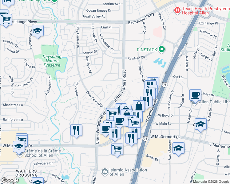 map of restaurants, bars, coffee shops, grocery stores, and more near 801 Watters Road in Allen