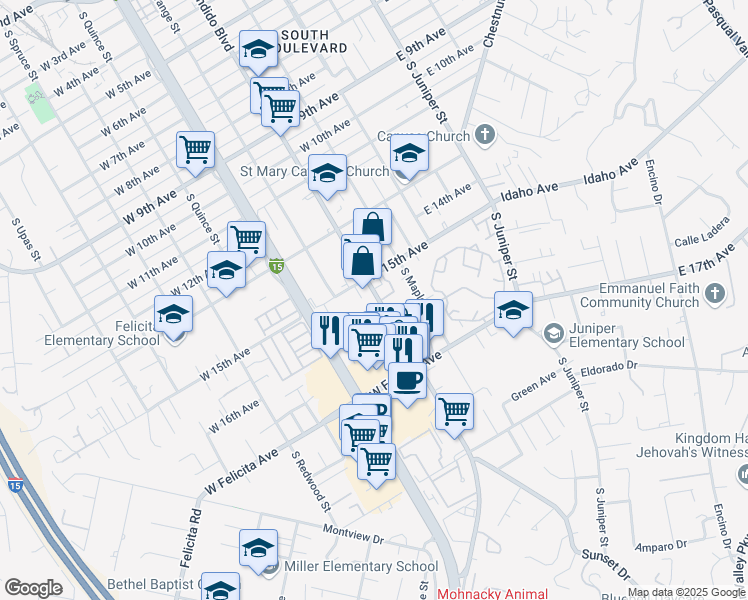 map of restaurants, bars, coffee shops, grocery stores, and more near 1593 South Escondido Boulevard in Escondido