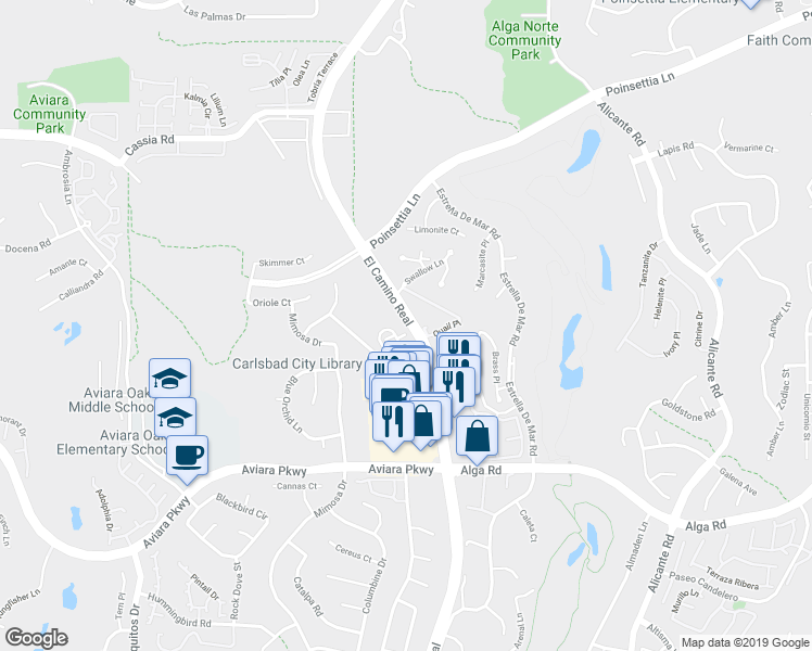 map of restaurants, bars, coffee shops, grocery stores, and more near 1863 Black Mustard Lane in Carlsbad