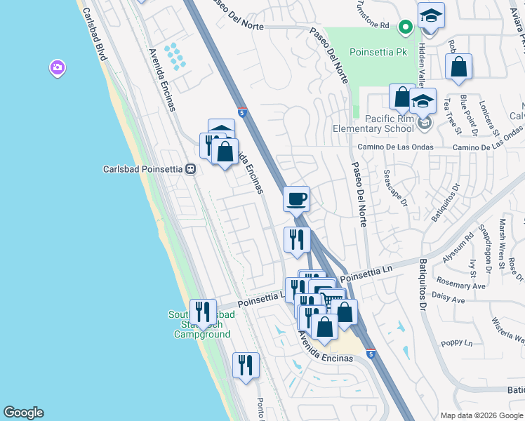 map of restaurants, bars, coffee shops, grocery stores, and more near 6926 Waters End Drive in Carlsbad