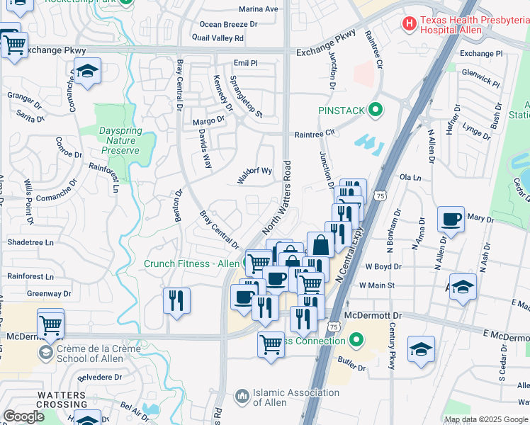 map of restaurants, bars, coffee shops, grocery stores, and more near 801 Watters Road in Allen