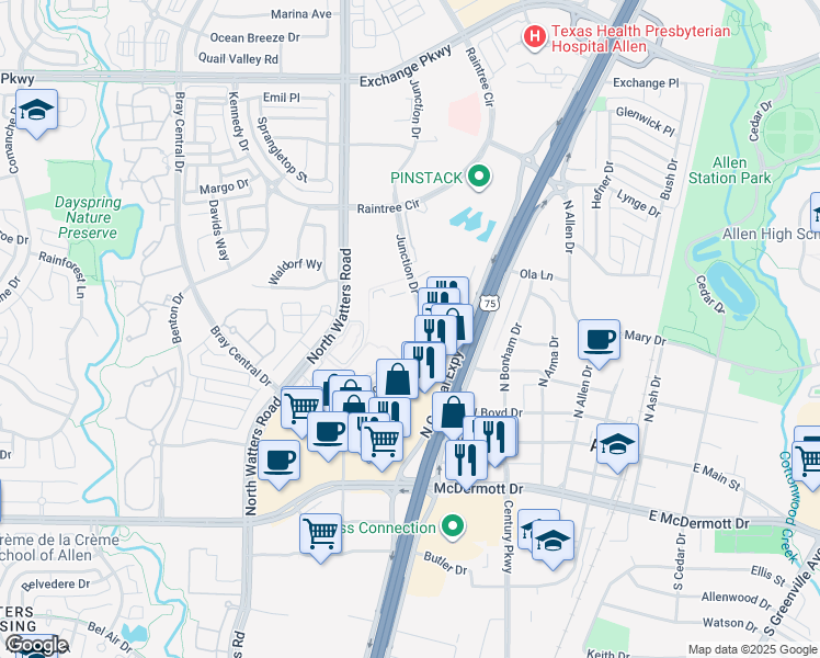 map of restaurants, bars, coffee shops, grocery stores, and more near 317 Junction Drive in Allen