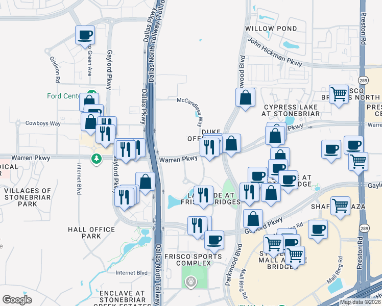 map of restaurants, bars, coffee shops, grocery stores, and more near Warren Parkway in Frisco