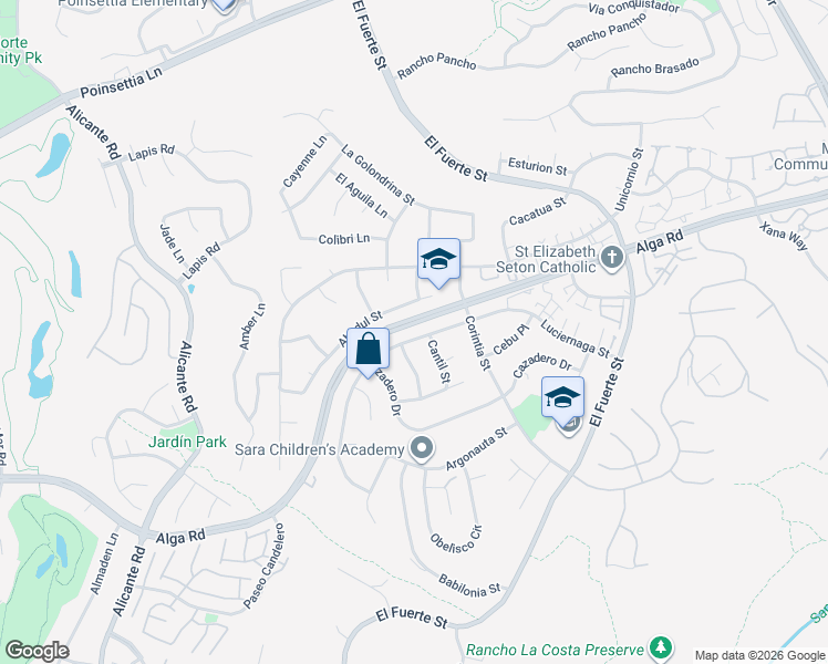 map of restaurants, bars, coffee shops, grocery stores, and more near 2640 Luciernaga Street in Carlsbad