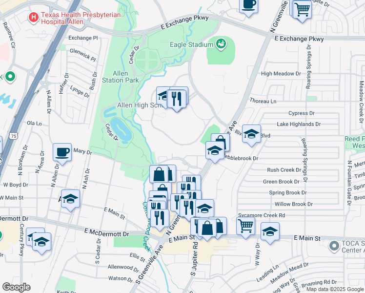 map of restaurants, bars, coffee shops, grocery stores, and more near 315 North Greenville Avenue in Allen