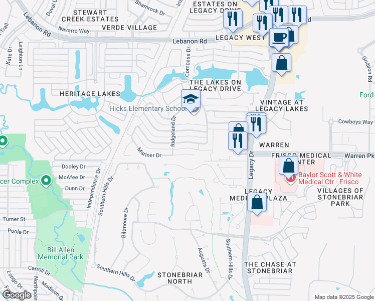 map of restaurants, bars, coffee shops, grocery stores, and more near 4689 Mariner Drive in Frisco